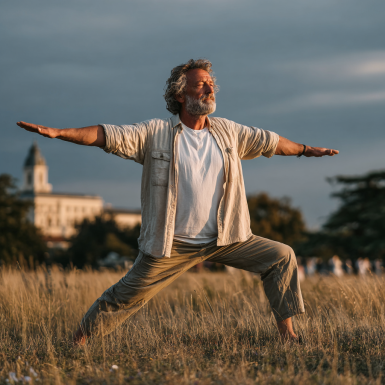 Літня жінка практикує йогу на природі