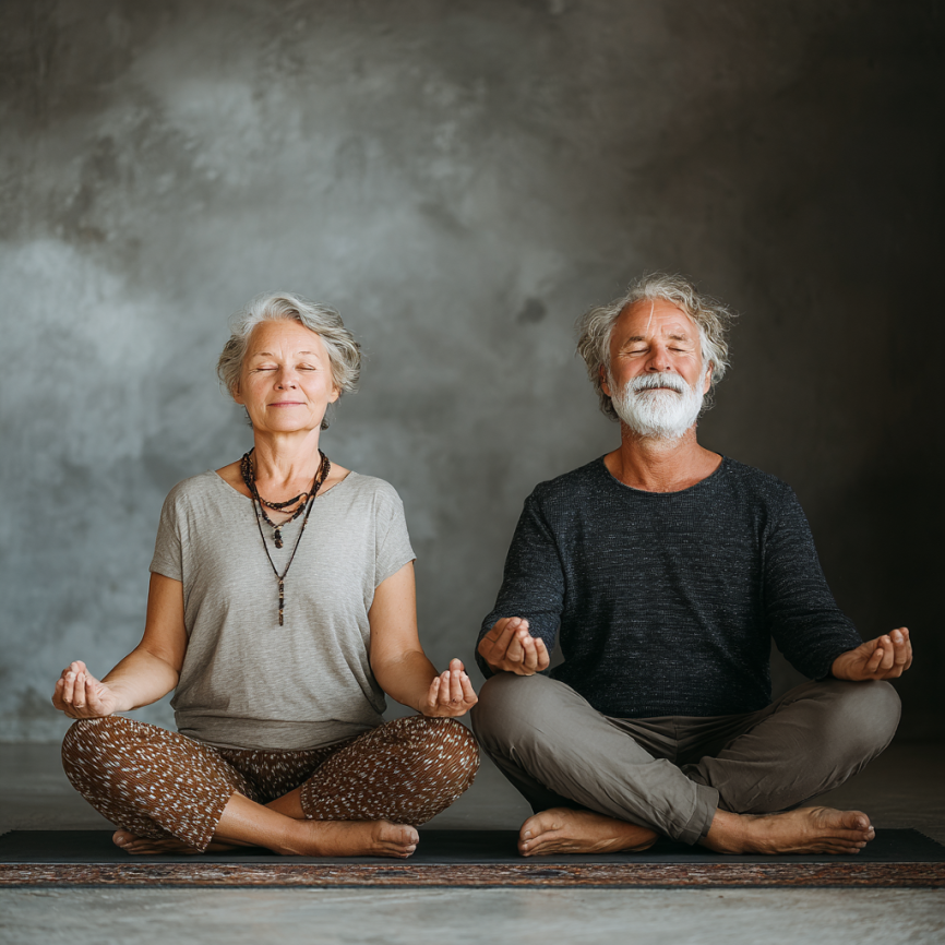 Літній чоловік медитує в позі лотоса